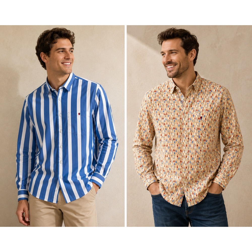 White House Sport Button Down Mens L Blue Tan Excellent Lot of 2 Striped Print